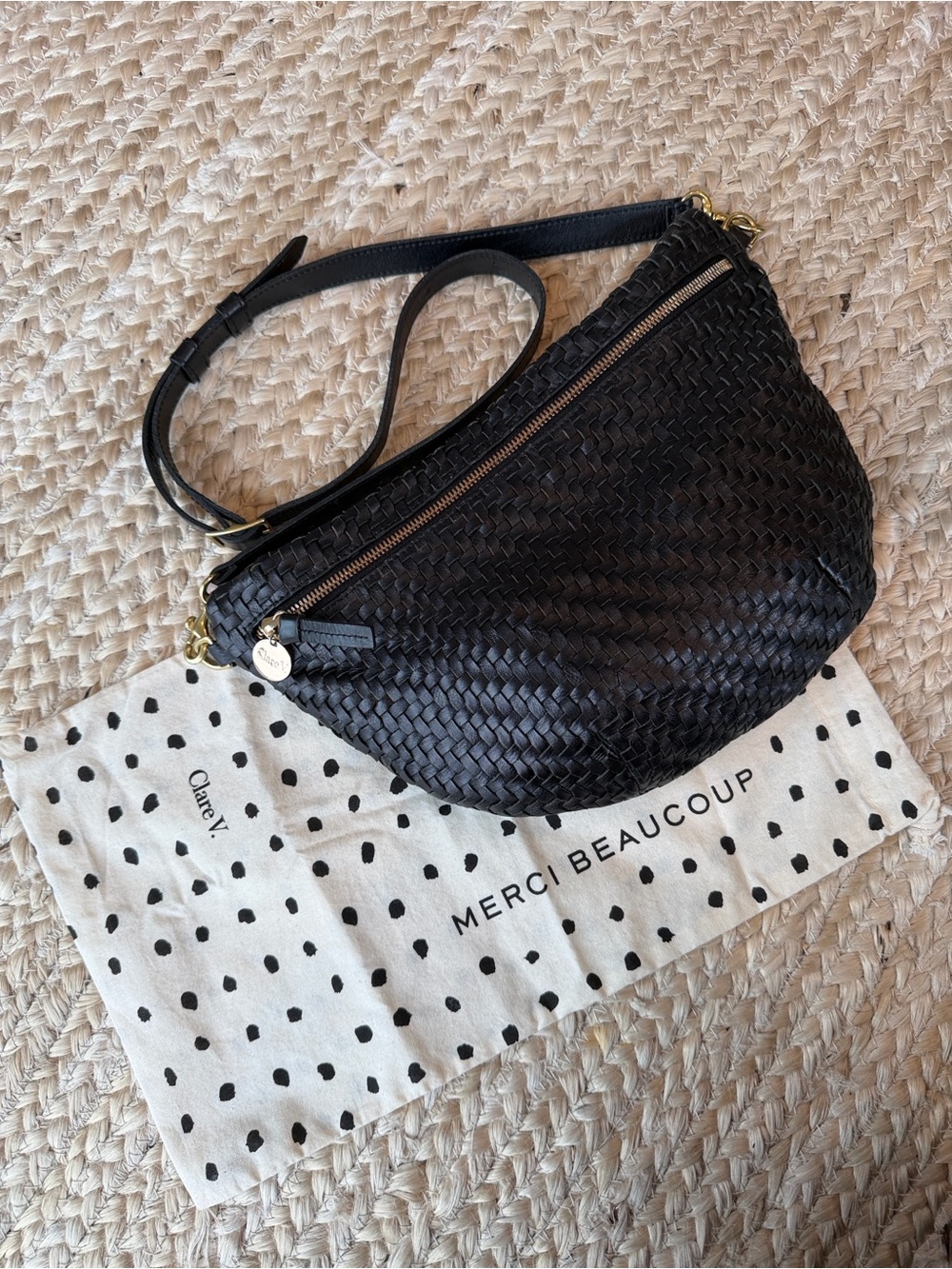 Clare V Black Woven Leather Crossbody Bag with Gold Hardware